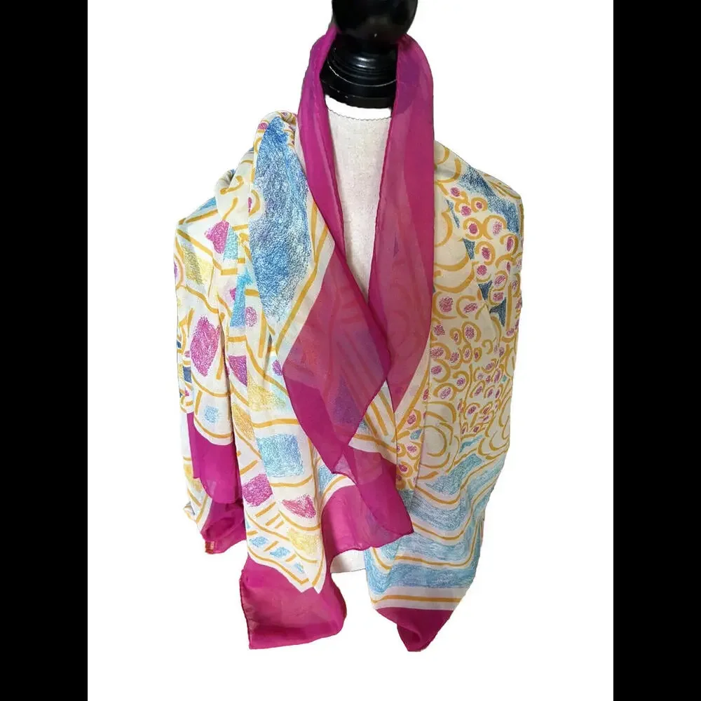 🥻Pretty Patterned White Pink Blue Square Scarf